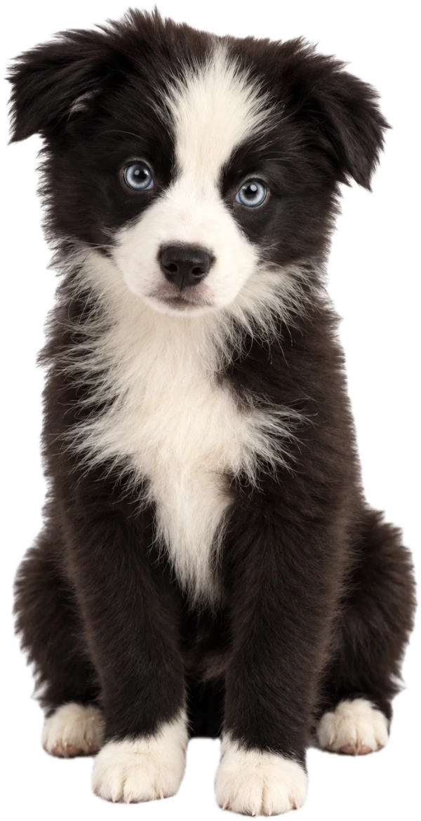 Charlie, the real one: a black and white mini Australian Shepherd with pale blue eyes